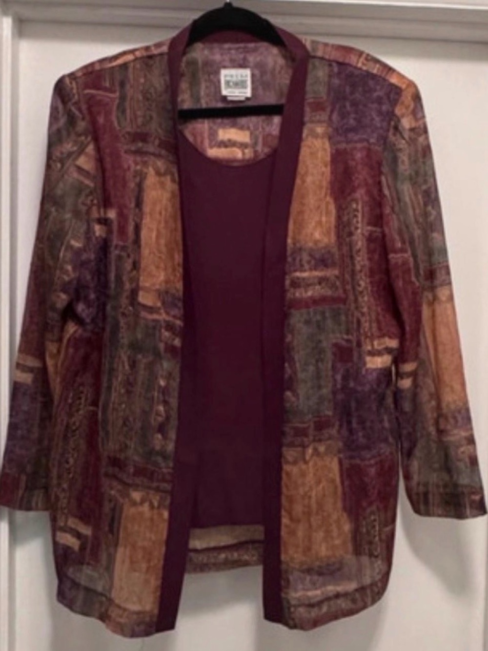 R & M Richard’s by Karen Kwong Patchwork Open-Front Burgundy Blazer Jacket